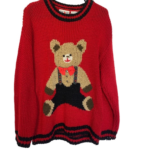 EVE LTD Sweaters - Vintage 1980s Teddy Bear Knit Sweater Hand Knit Red Black Novelty Pullover XL 18